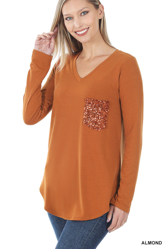 Long Sleeve V-Neck Front Sequin Pocket Top