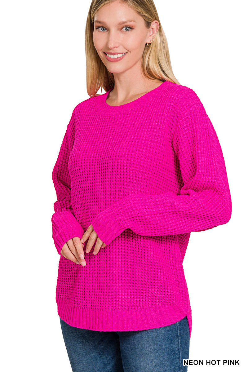 Plus Hi-Low Long Sleeve Round Neck Waffle Sweater