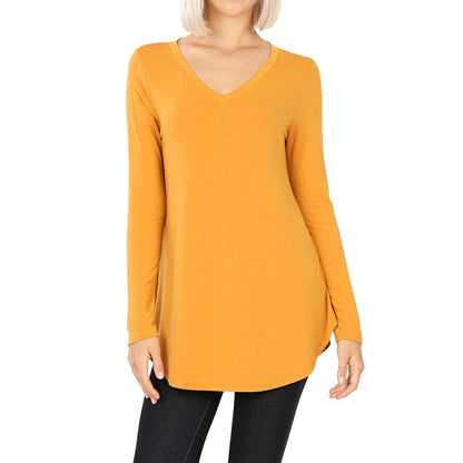 Long Sleeve V-Neck Round Hem Top