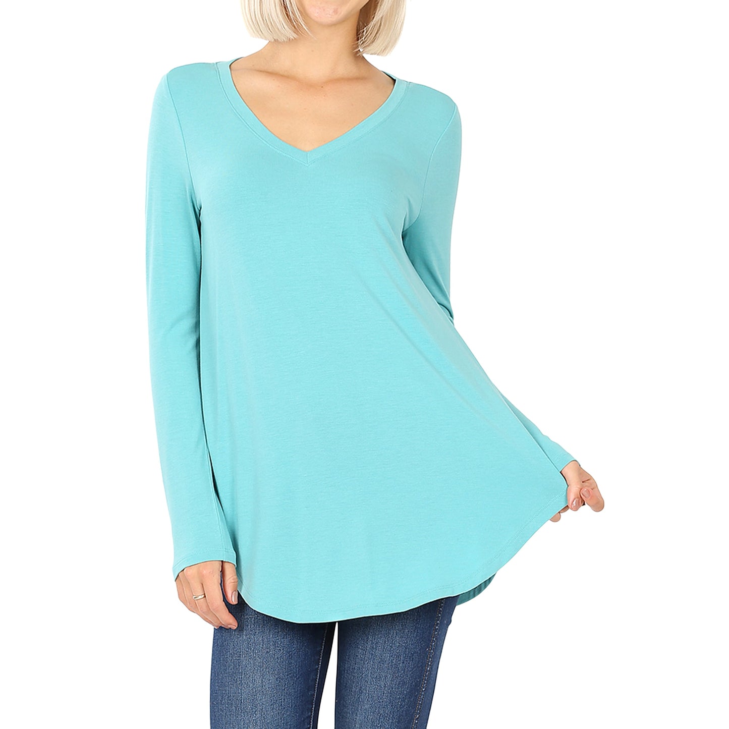 Long Sleeve V-Neck Round Hem Top