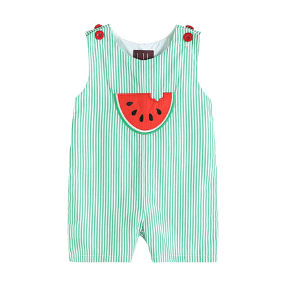 Green Stripe Watermelon Applique Shortalls