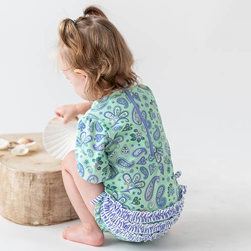 Sea Glass Paisley L/S One Piece Rash Guard with Ruffles