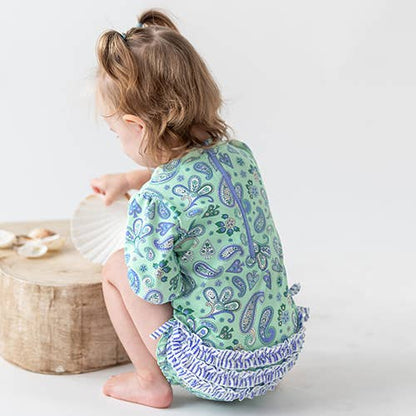 Sea Glass Paisley L/S One Piece Rash Guard with Ruffles
