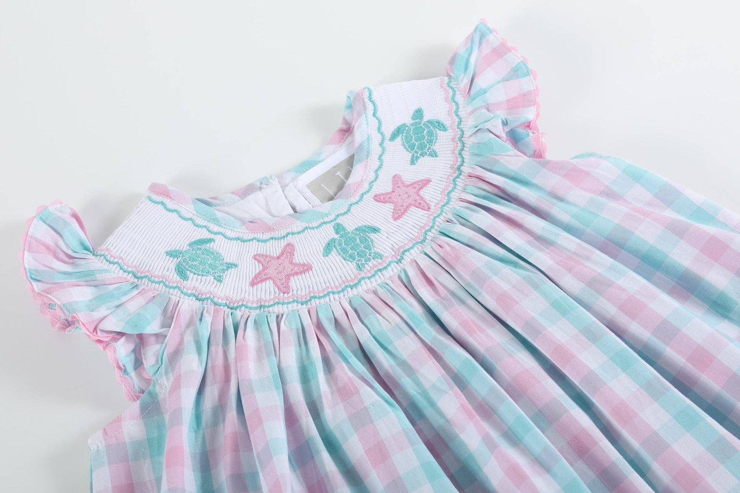 Pink and Aqua Gingham Turtle Smocked Bishop Dress
