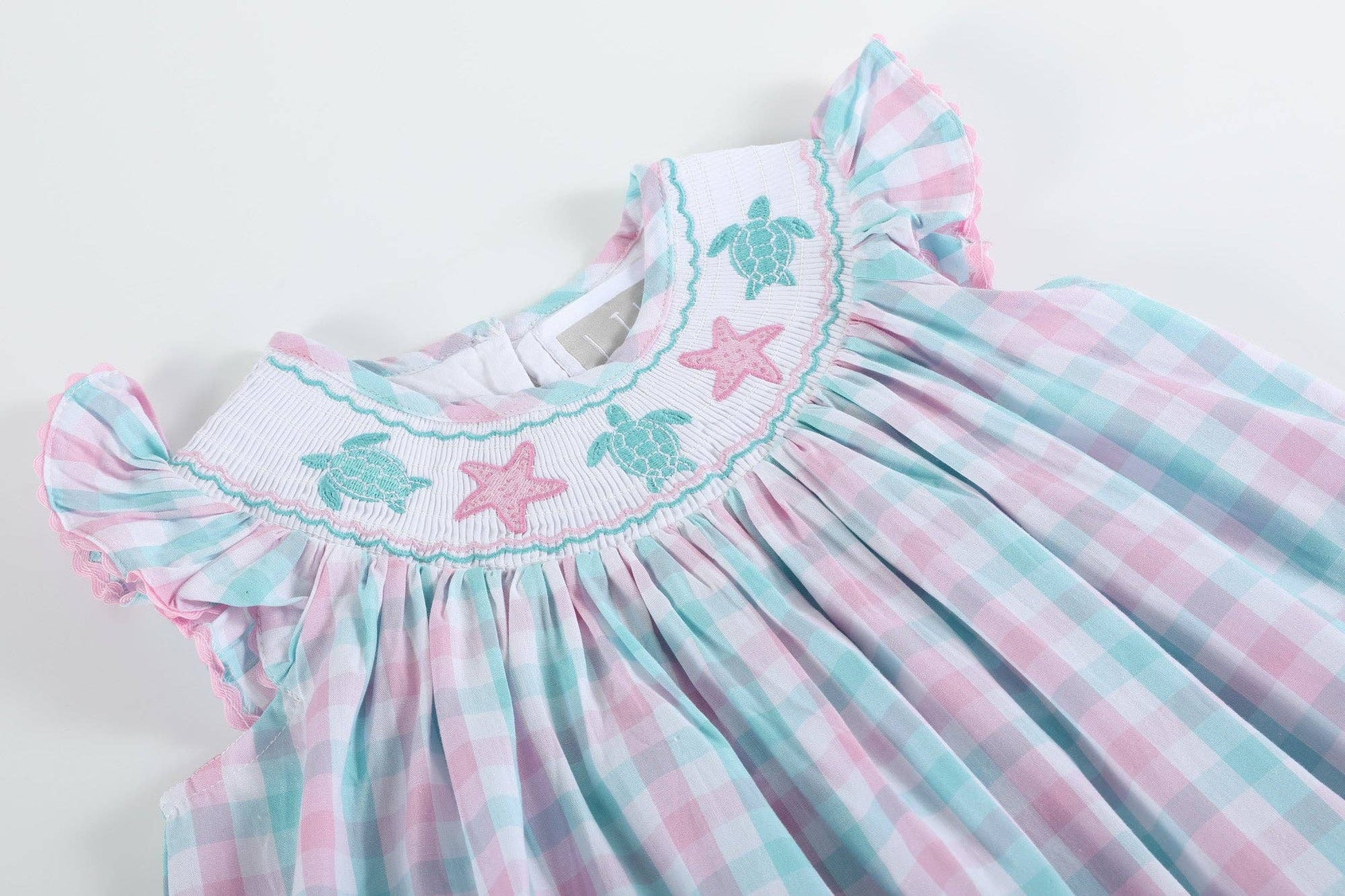Pink and Aqua Gingham Turtle Smocked Bishop Dress