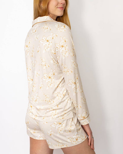 Harvest Toile Long Sleeve Button Up Sleep Shirt   Turtledove/Cream