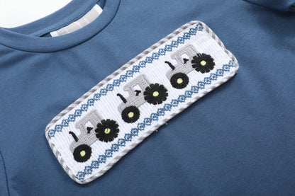 Blue Tractor Smocked Shirt and Gray Shorts Set