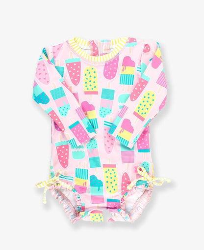 Baby Girls Ice Cream Social LS One Piece Rash Guard with Ruffles