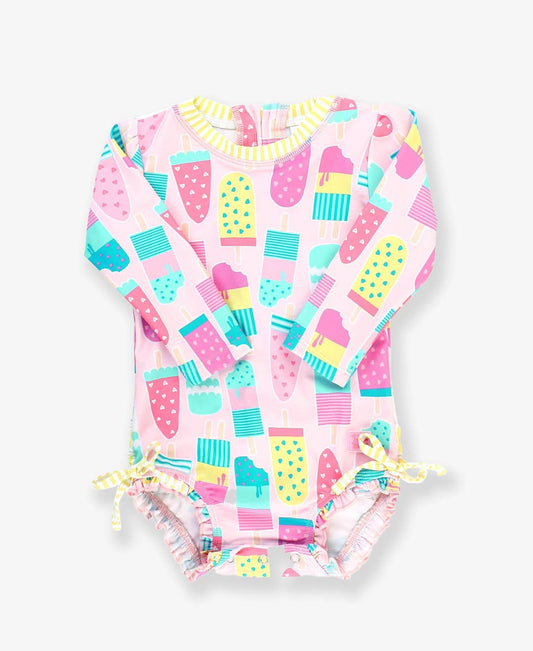 Baby Girls Ice Cream Social LS One Piece Rash Guard with Ruffles