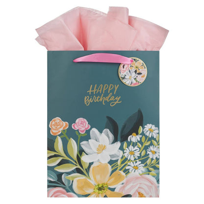 Gift Bag LG Portrait Dark Floral Happy Birthday