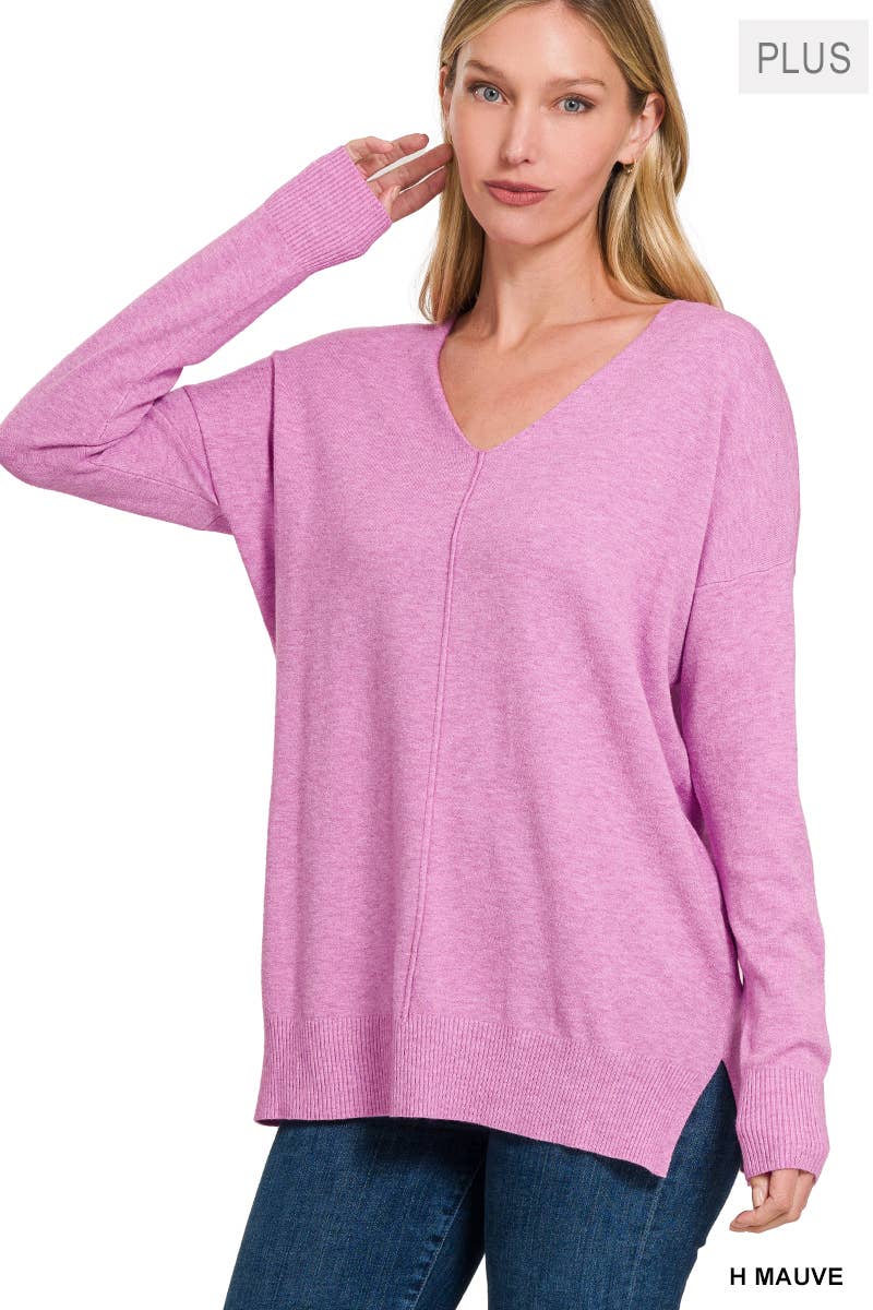 Hi-Low Hem V-Neck Center Seam Sweater