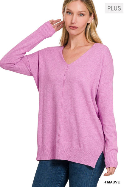 Hi-Low Hem V-Neck Center Seam Sweater
