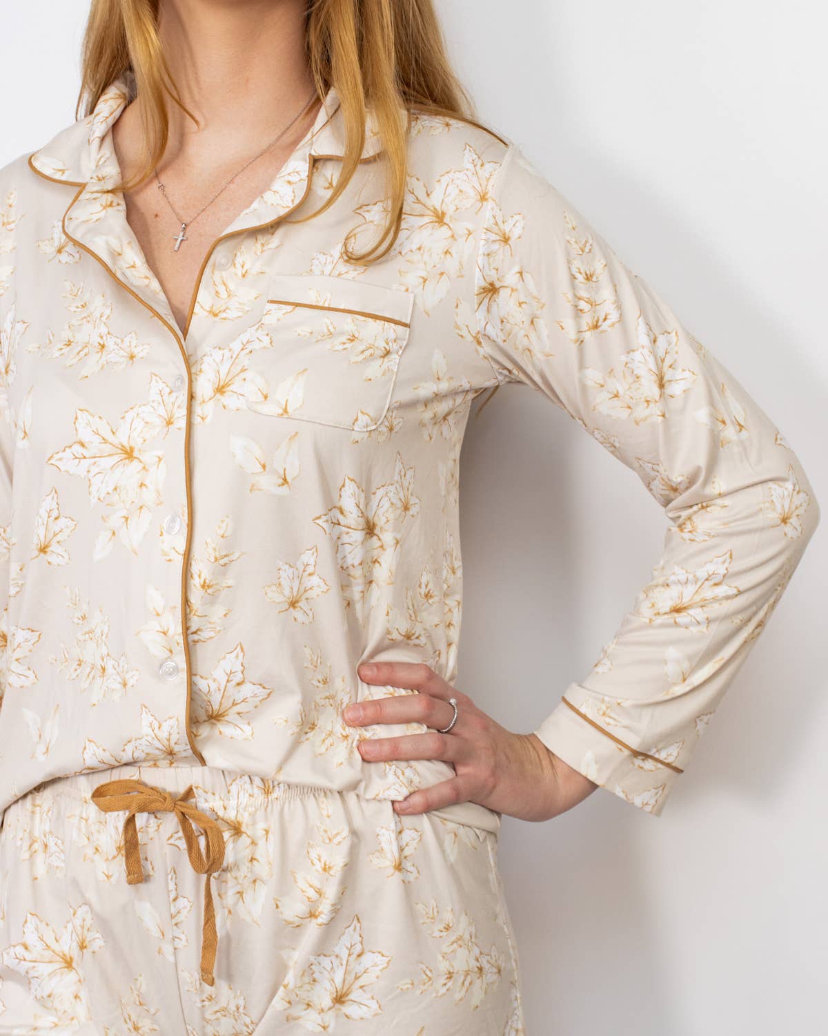 Harvest Toile Long Sleeve Button Up Sleep Shirt   Turtledove/Cream