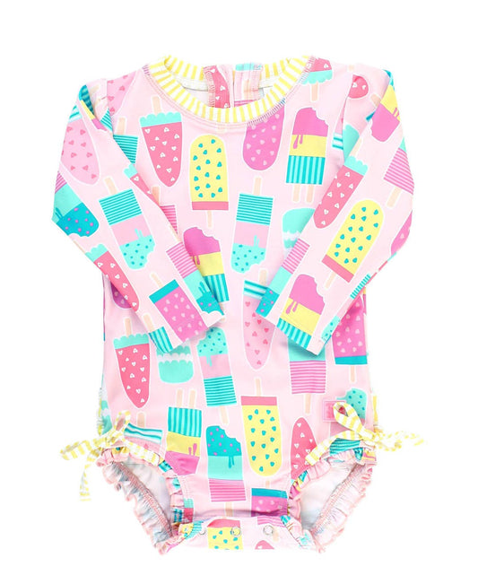 Baby Girls Ice Cream Social LS One Piece Rash Guard with Ruffles