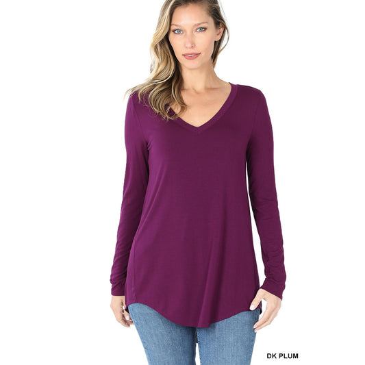 Luxe Rayon Long Sleeve V-Neck Dolphin Hem Top