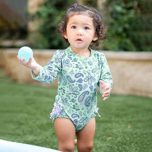 Sea Glass Paisley L/S One Piece Rash Guard with Ruffles