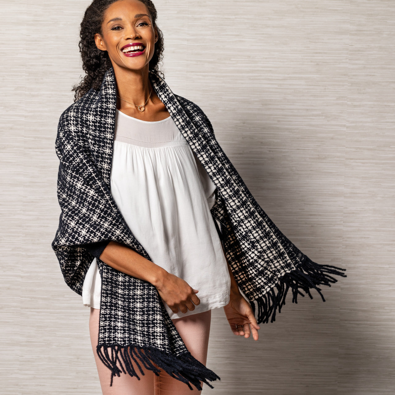 Black & White Tweed Shawl with Sleeves