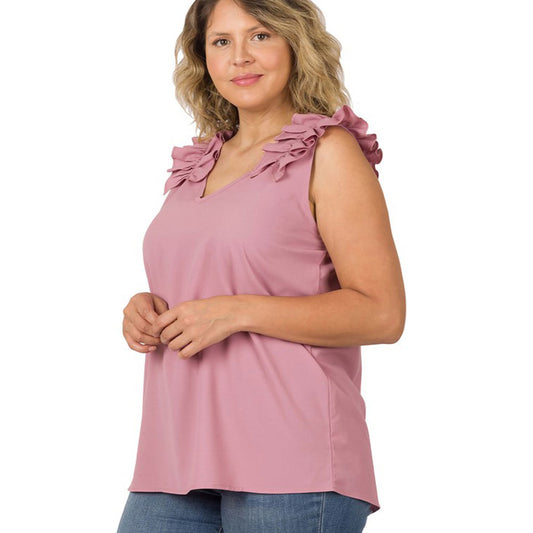 Plus Woven Wool Dobby Ruffle Trim Sleeveless Top