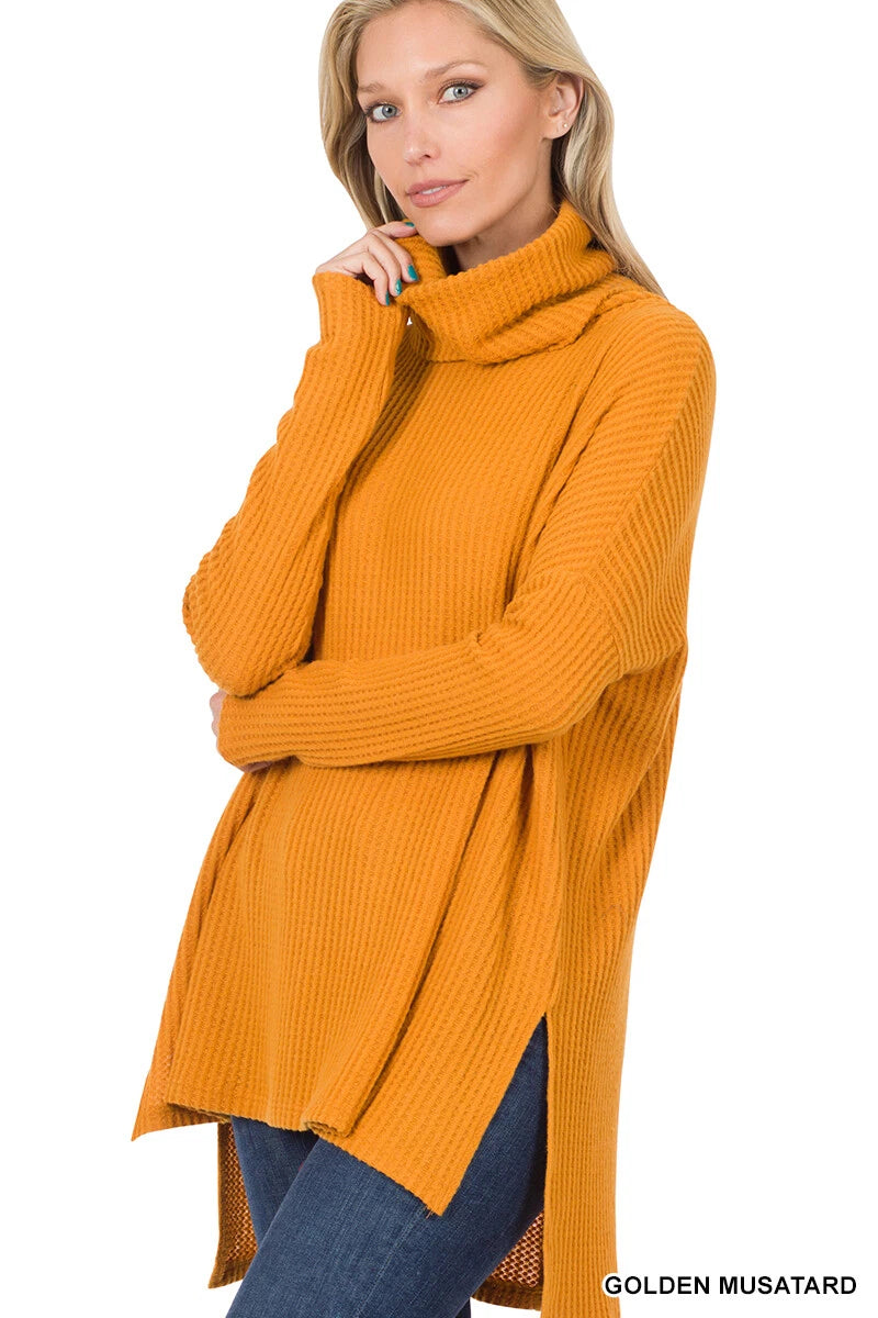 Brushed Thermal Waffle Cowl Neck Hi-Low Sweater