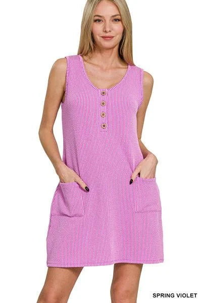 Corded Rib Sleeveless Tank Mini Dress With Pockets