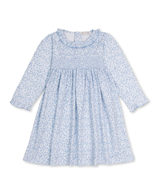 Fall Blooms Light Blue Print Smocked Dress