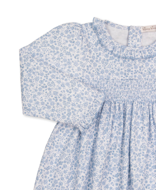 Fall Blooms Light Blue Print Smocked Dress