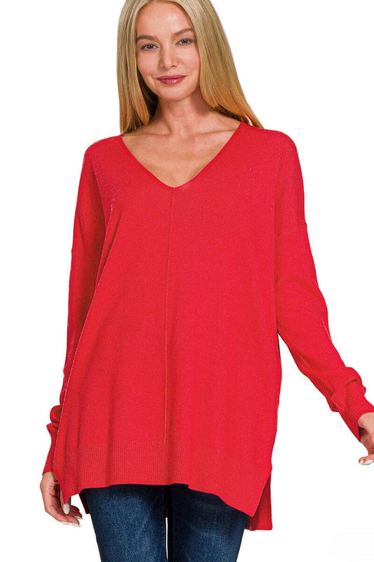 Hi-Low Hem V-Neck Center Seam Sweater